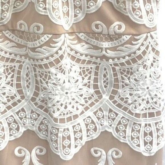 Lulus XL Beige Nude Halter Dress White Lace Overlay Bodycon Cocktail Party Midi - Picture 3 of 7
